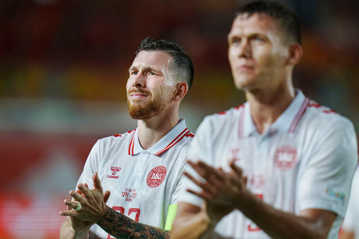 Pierre-Emile Højbjerg og Jannik Vestergaard efter UEFA Nations League-kampen mellem Spanien og Danmark i Murcia, Spanien, lørdag den 12. oktober 2024.. (Foto: Liselotte Sabroe/Ritzau Scanpix)