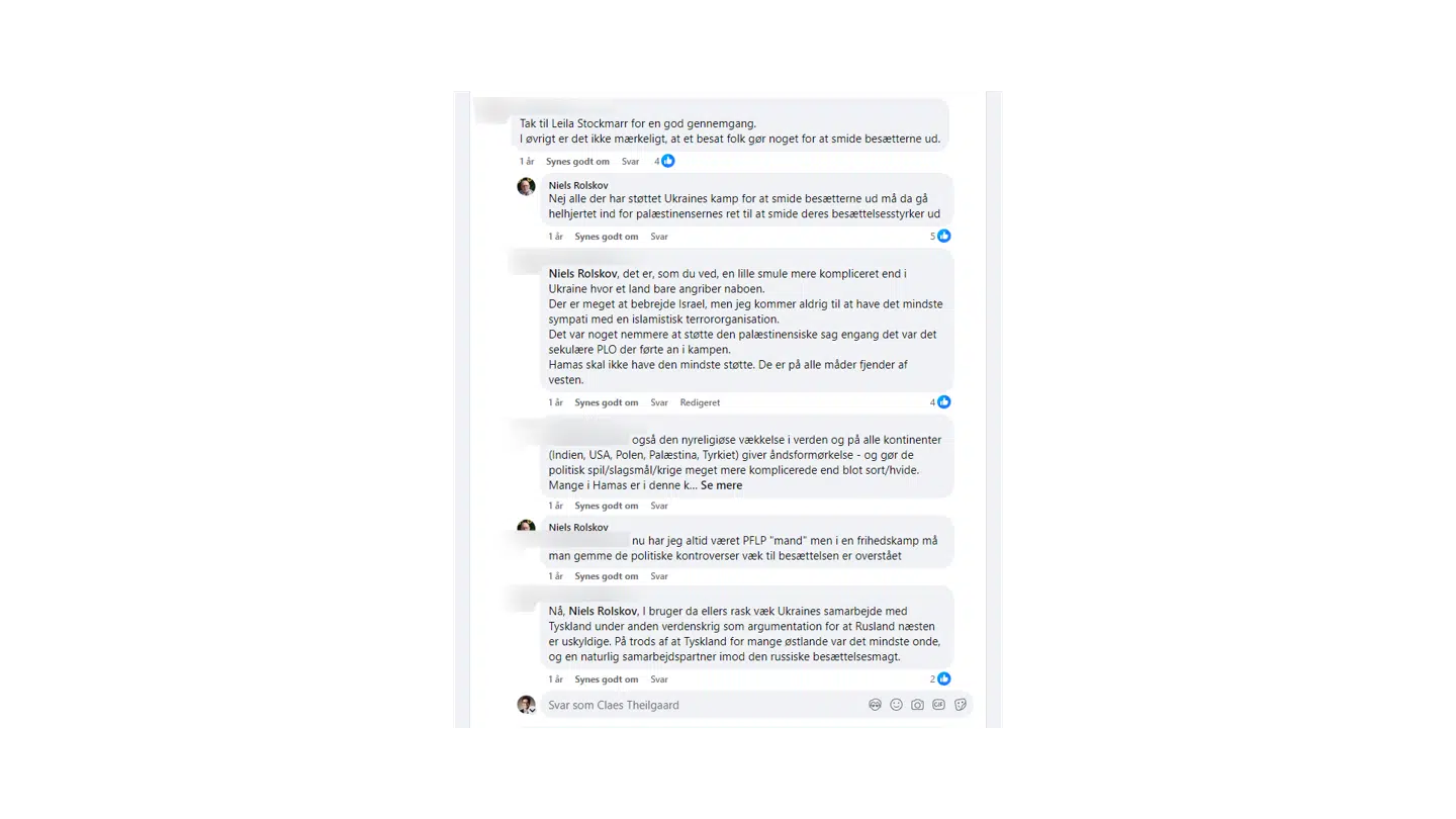 Her ses Facebooktråden, hvor Niels Rolskov omtaler sig selv som en 'PFLP-mand'.