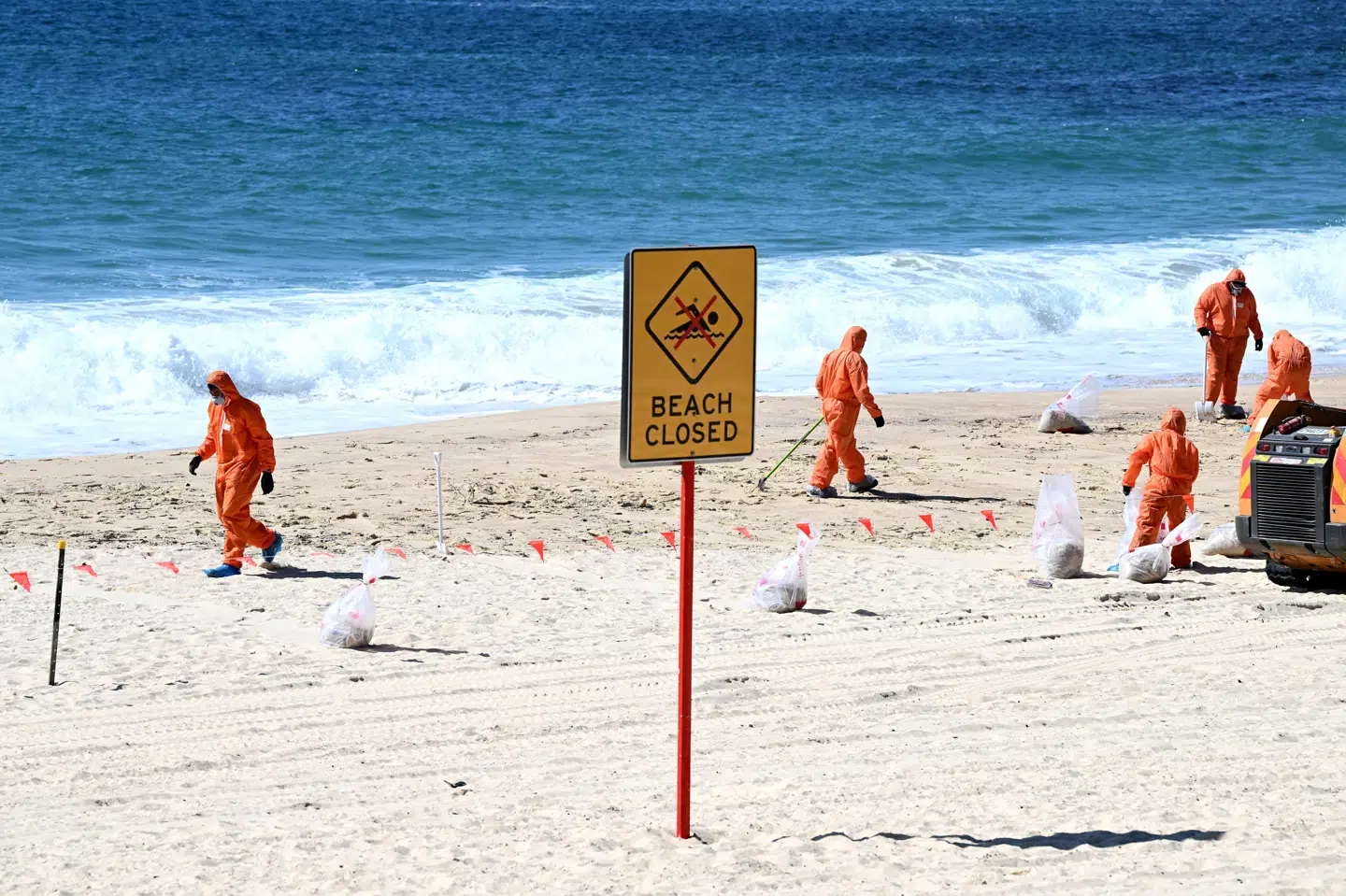 Iført orange beskyttelsesdragter fjerner australske medarbejdere tjærebolde ved Coogee Beach i Sydney i Australien. Syv strande er lukket på grund af tjæreboldene.