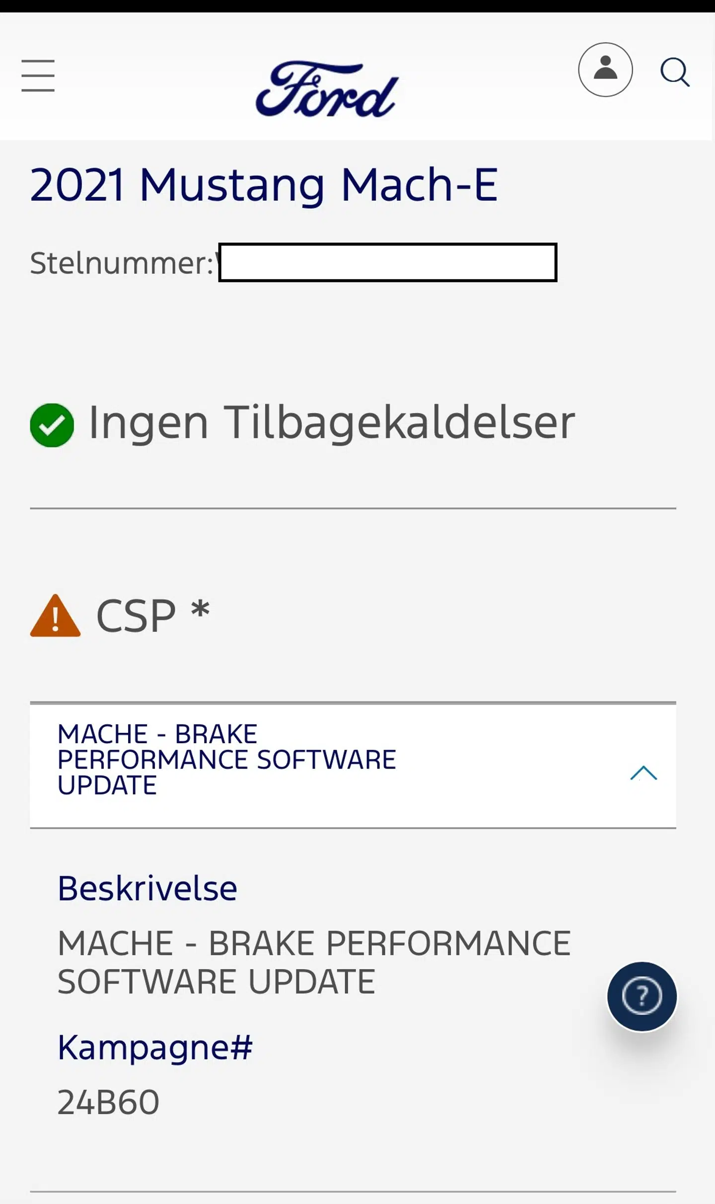 Det er denne besked, Anja Bak Hermansen har modtaget fra Ford om opdatering af bremsesoftware.