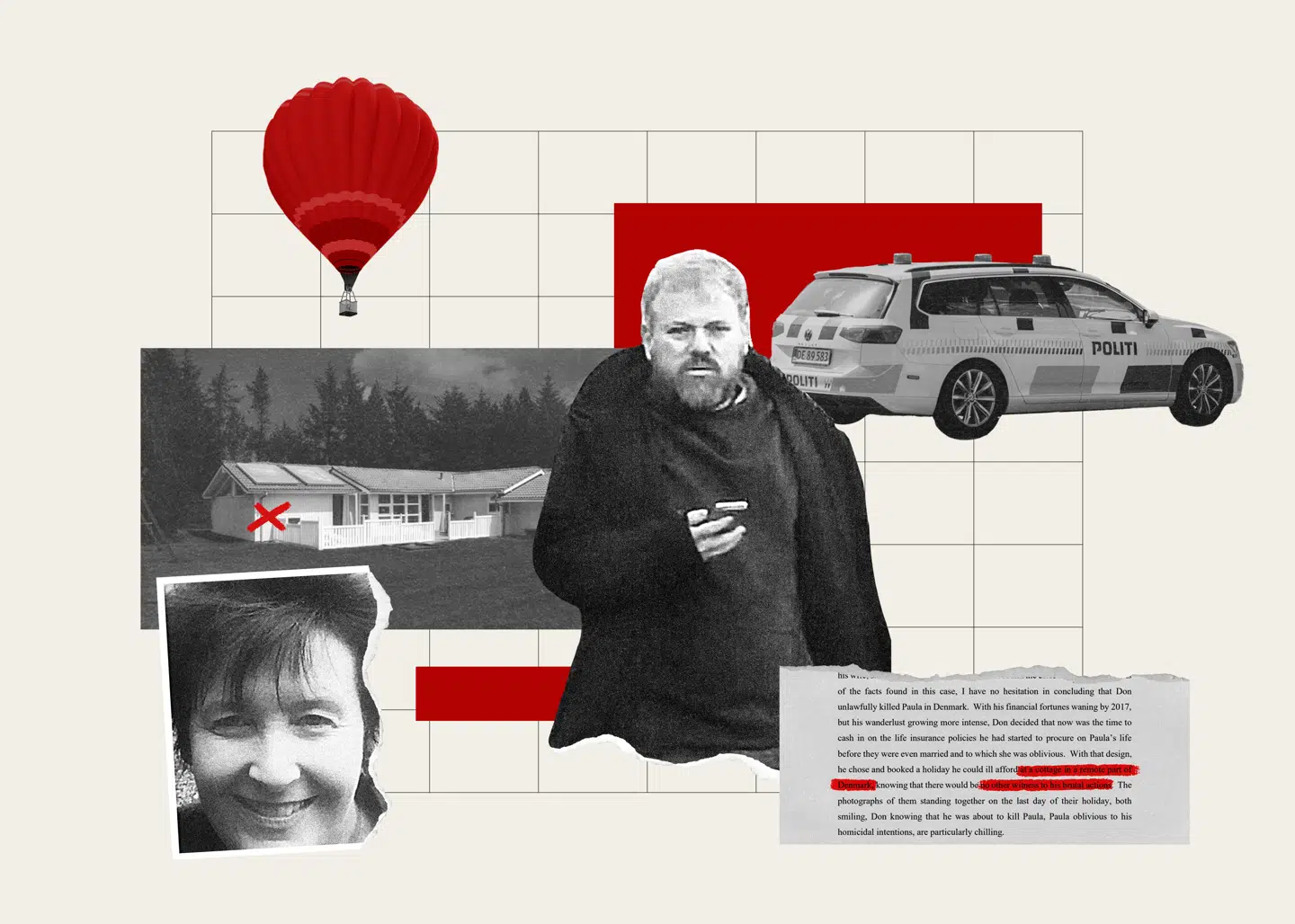 Da en politipatrulje ankom til det vestjyske sommerhus, fandt de konen fuldt påklædt og druknet i husets pool. Politiet lukkede sagen, og manden festede med champagne og på dyre restauranter. Han var rig og snart ville han blive endnu rigere. Men nogle få, almindelige mennesker ville det anderledes. Grafik: Kristian Stauning