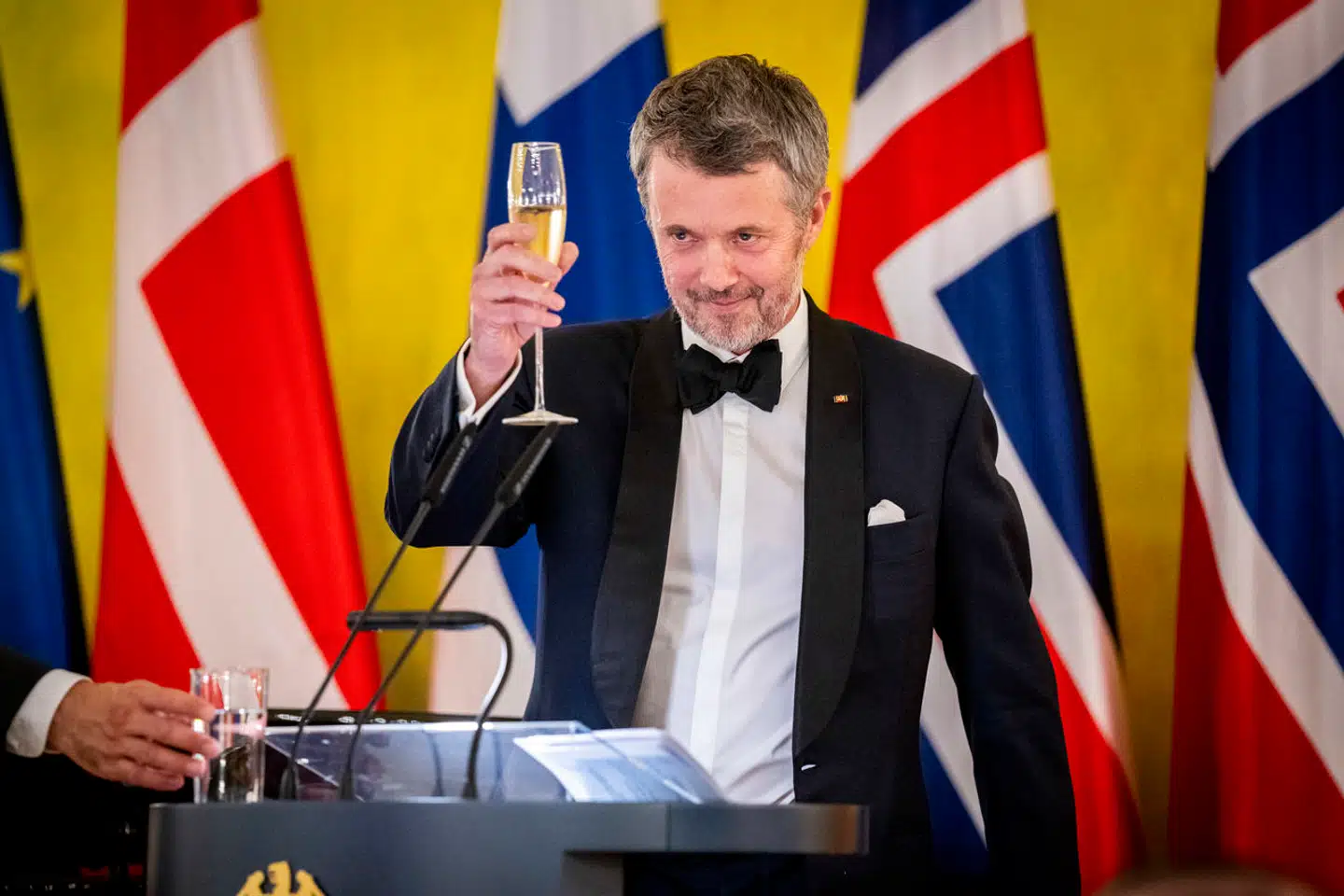 Kong Frederik holdt sin tale på tysk under den officielle middag mandag aften på Schloss Bellevue i Berlin.