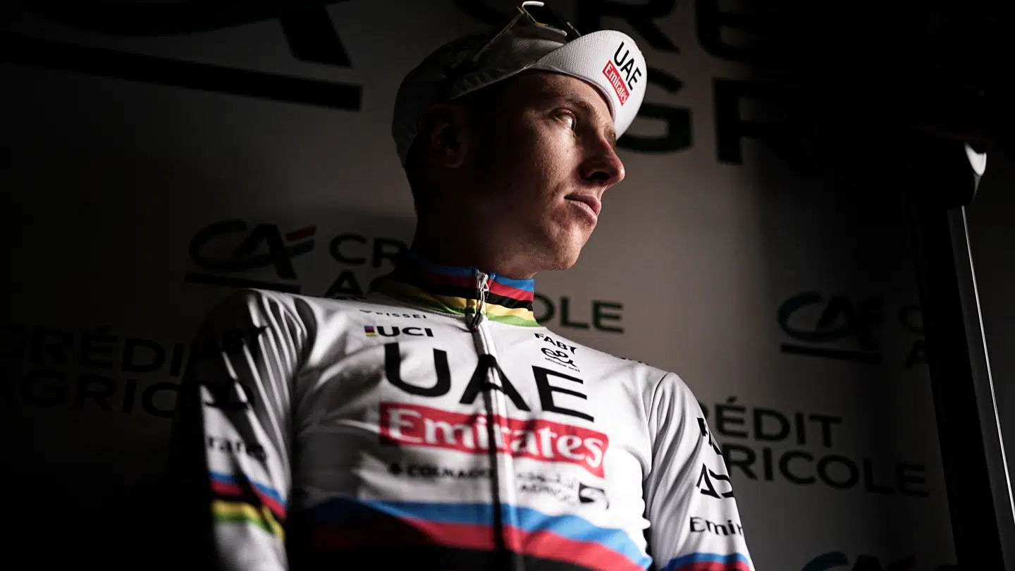 Reigning World Champion Slovenia's Tadej Pogacar looks on after winning Il Lombardia, Tour of Lombardy cycling race, in Como, Italy, Saturday, Oct. 12, 2024. (Marco Alpozzi/LaPresse via AP)