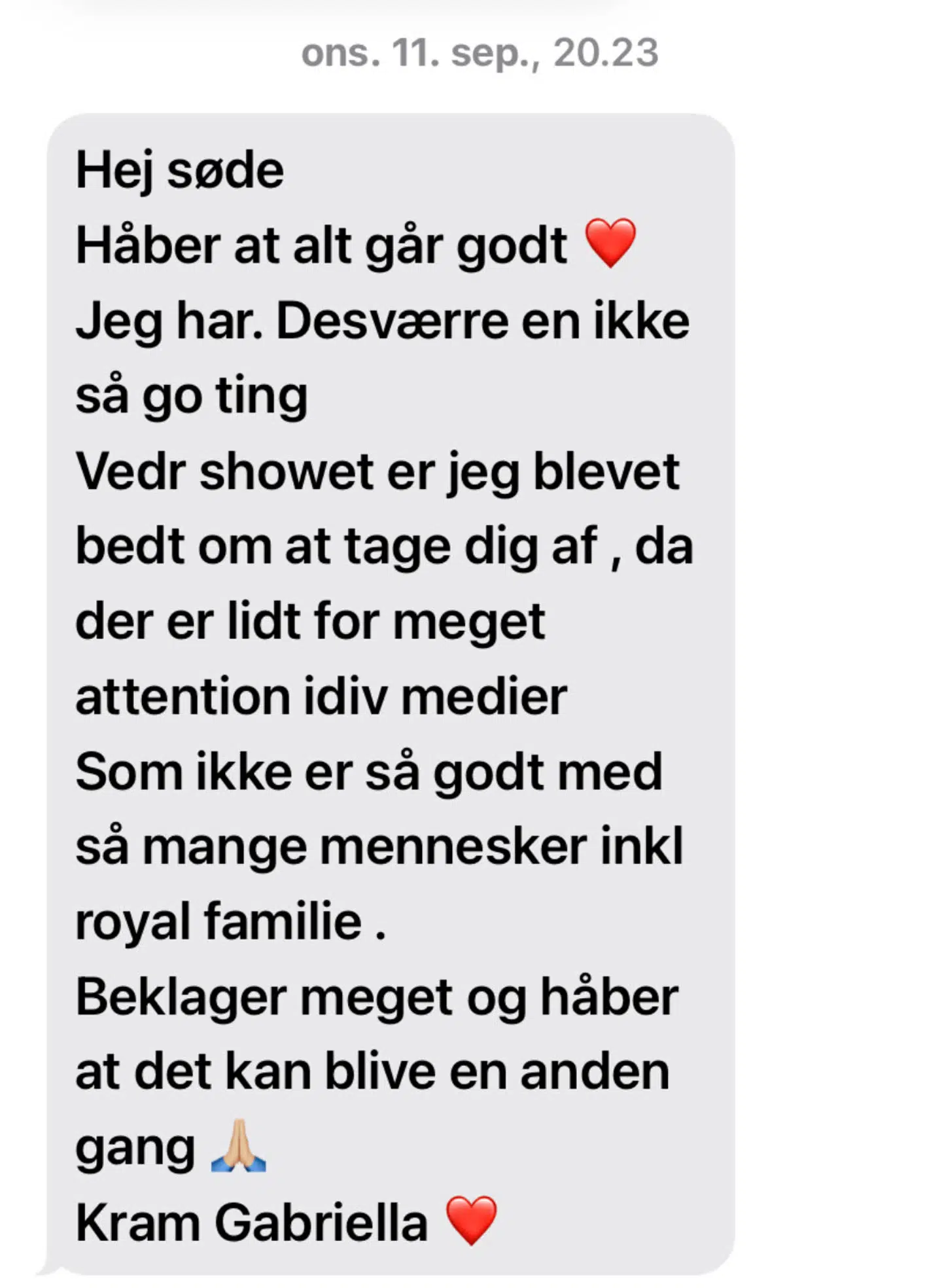 Dette er en af de mange sms'er som Pari Khadem modtog fra den makeupansvarlige på Laugenes Opvisning, Gabriella Tipsa Bruun.