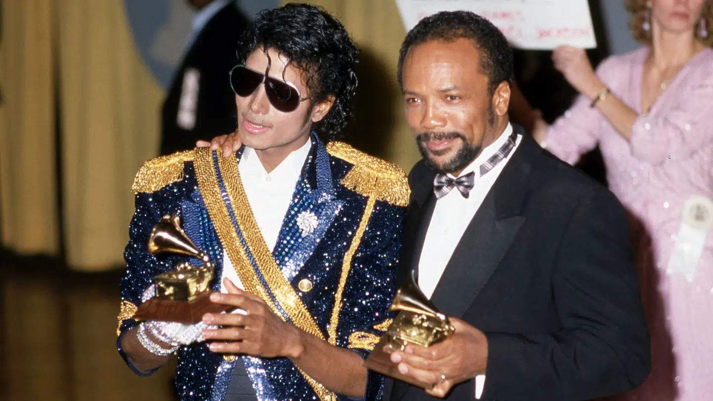 Michael Jackson and Quincy Jones attend 26th Annual Grammy Awards on February 28, 1984 at the Shrine Auditorium in Los Angeles, California. Credit: Ralph Dominguez/MediaPunch /IPX