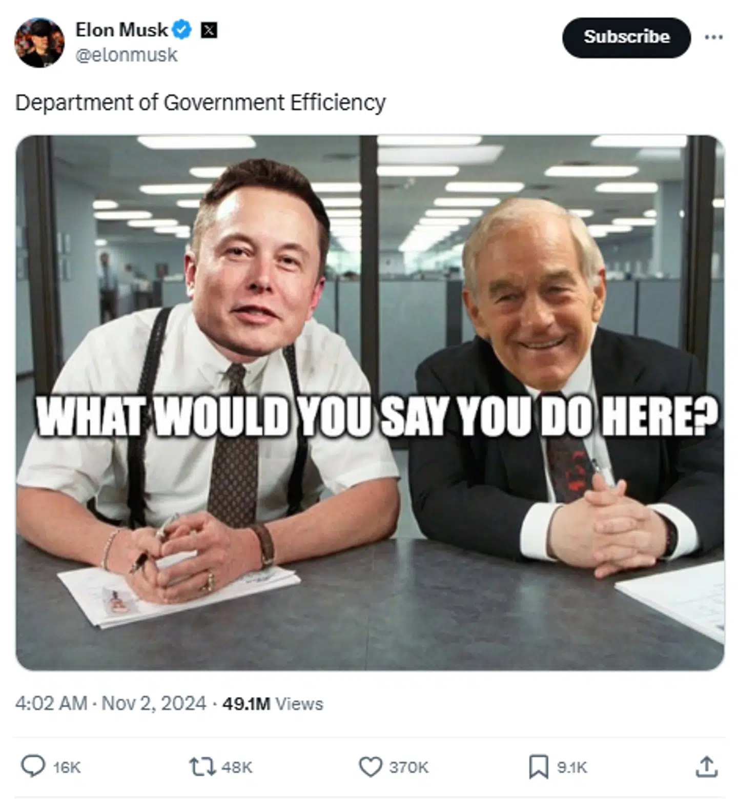 Elon Musk delte dette billede på sin X-profil tre dage inden valgdagen.