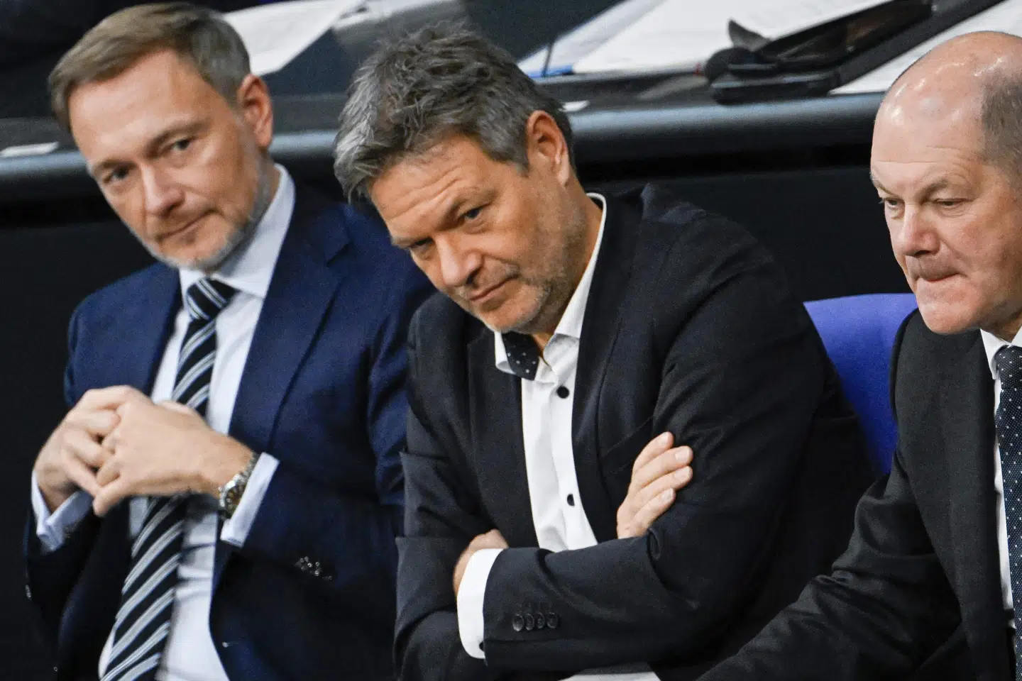 Den tyske finansminister, Christian Lindner fra De Frie Demokrater, den tyske økonomiminister, Robert Habeck fra De Grønne og den tyske kansler, socialdemokratiske Olaf Scholz, har indtil nu stået i spidsen for den tyske koalitionsregering. (Arkivfoto).