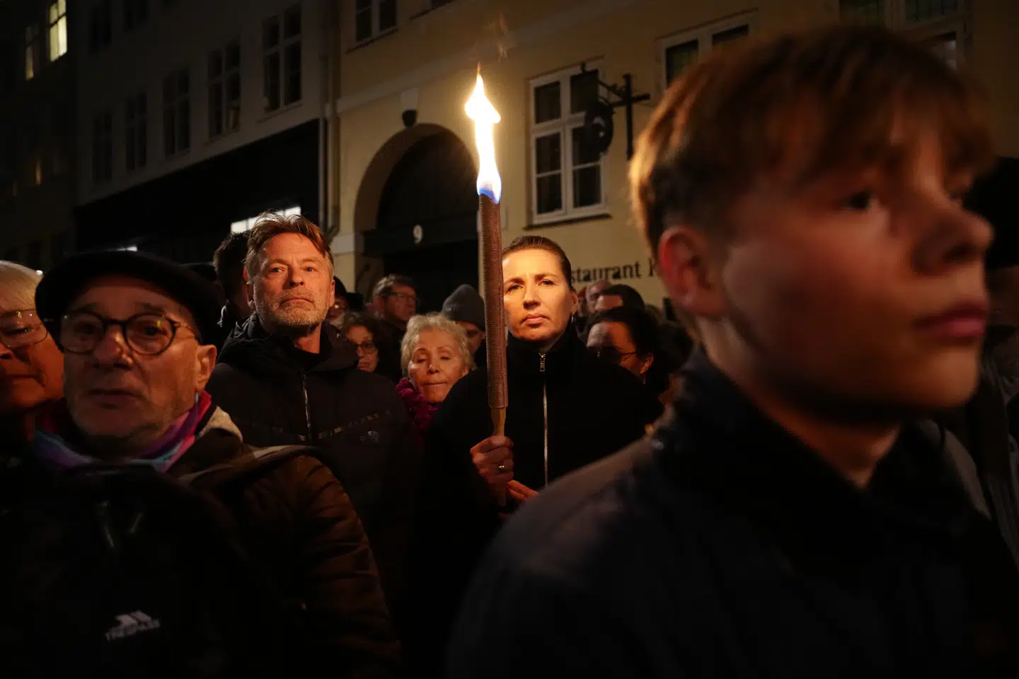 Krystalnatten markeres foran synagogen i Krystalgade i København, lørdag den 9. november 2024. Statsminister Mette Frederiksen (S) deltager.