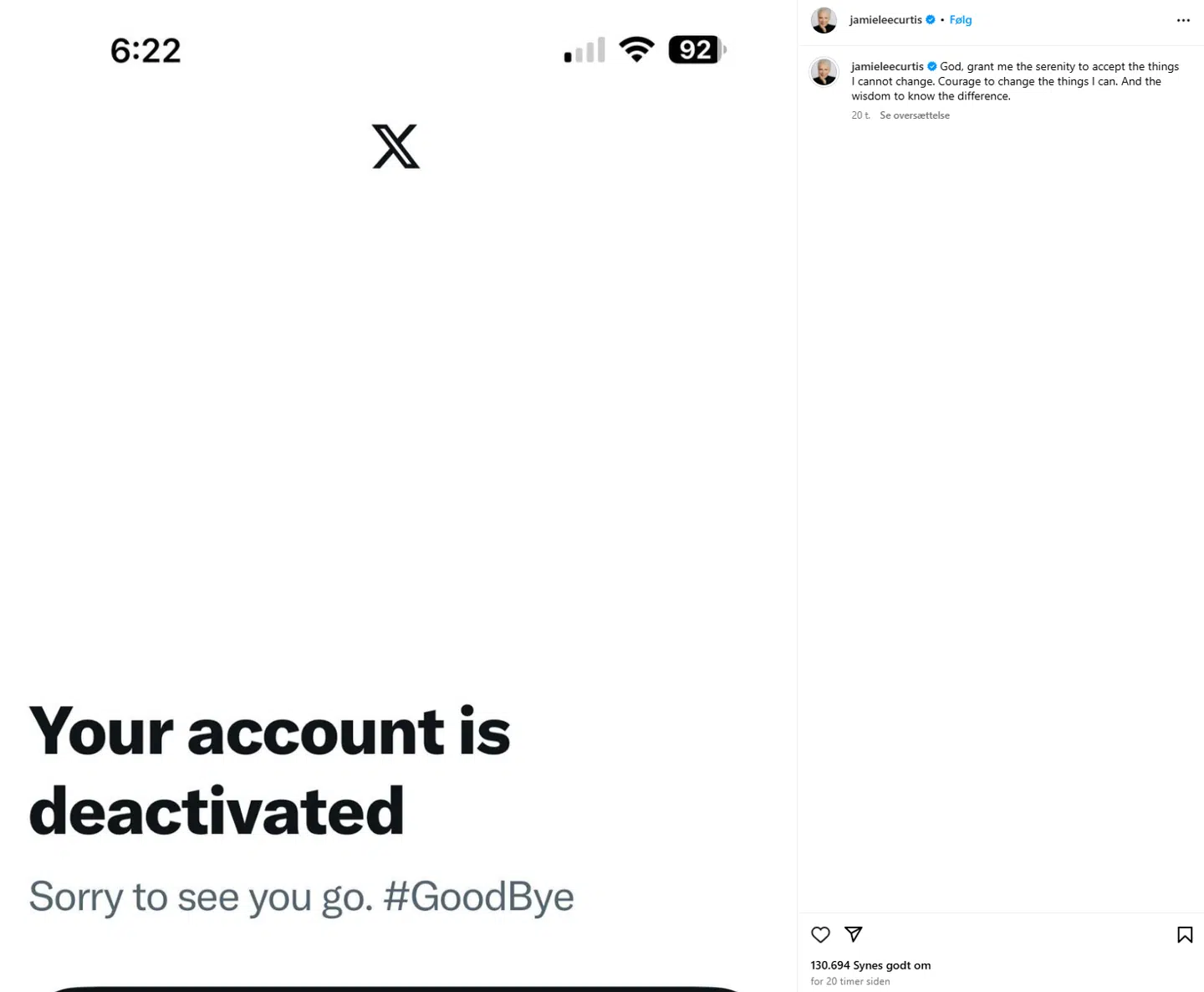 Skuespilleren og Oscar-vinderen Jamie Lee Curtis annoncerede sit farvel til X på Instagram sådan her.