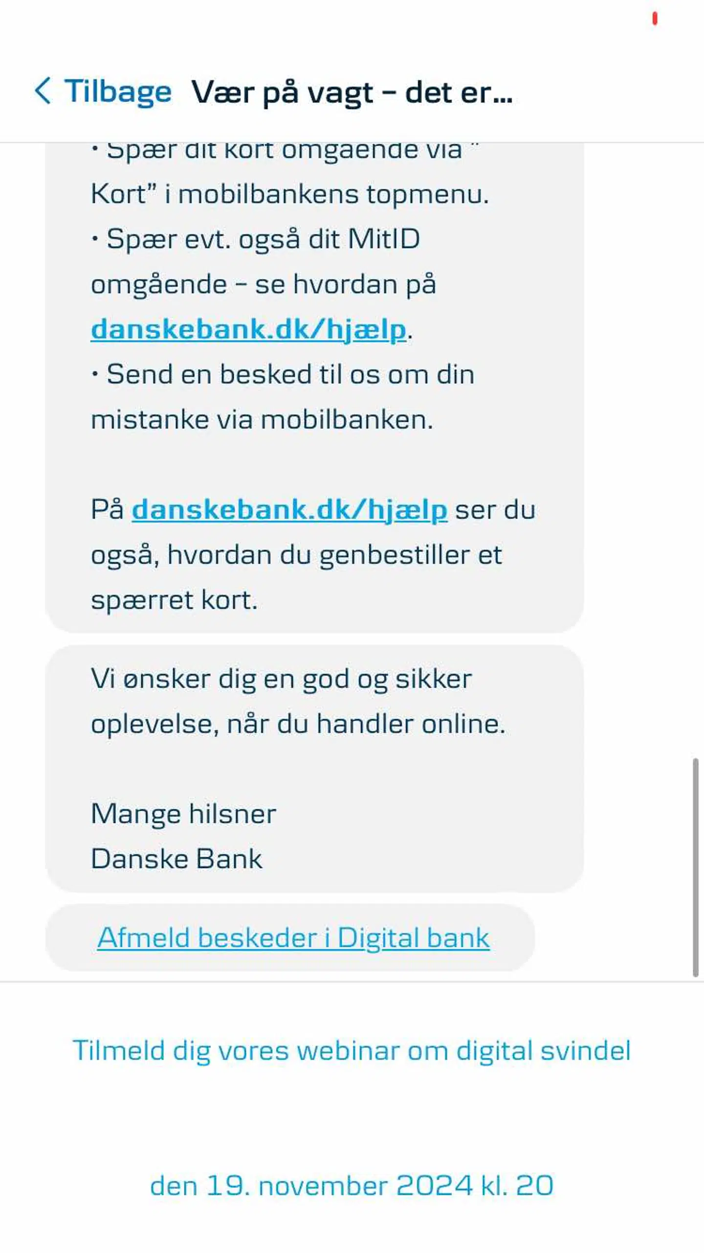 Her ses en del af den advarsel, som Danske Bank kommer med til deres kunder