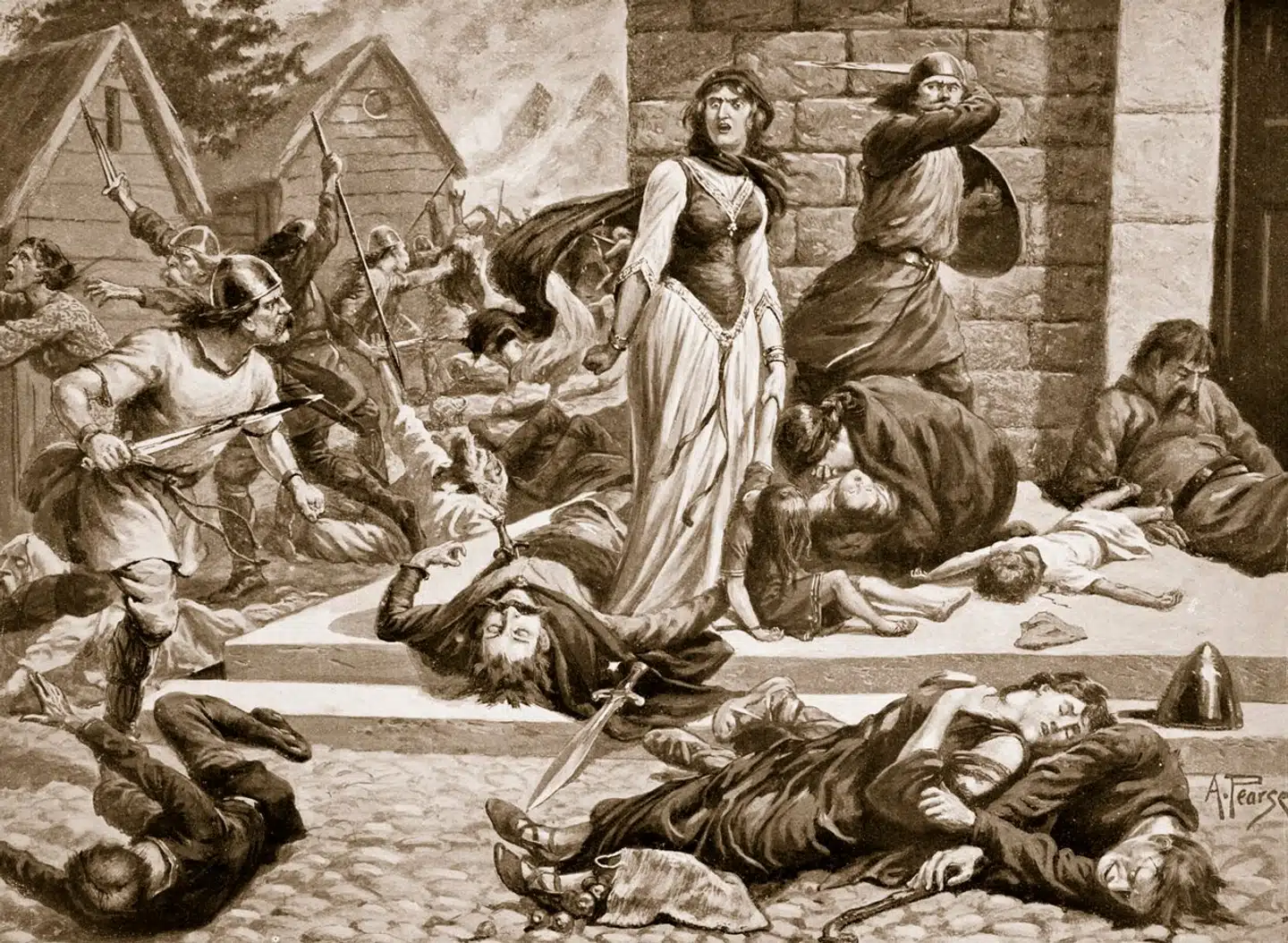 Kongen gav ordre om at myrde alle danskere i riget, og som en kronikør skrev: »På en eneste dag myrdede han alle danskere, som boede fredeligt og harmonisk ud over hele kongeriget …« Billedet er et udateret – og også højest unøjagtigt – billede af massakren. Kunstneren er en britisk maler, formentlig fra slutningen af 1800-tallet.