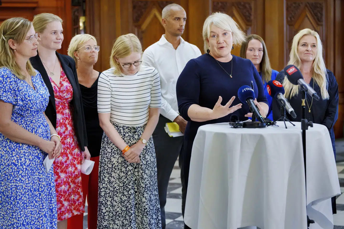 Med uddannelses- og forskningsminister Christina Egelund (M) i front præsenterede regeringen, De Konservative, Liberal Alliance, SF og Danmarksdemokraterne 27. juli 2023 den såkaldte kandidatreform, som partierne havde indgået aftale om. (Arkivfoto).