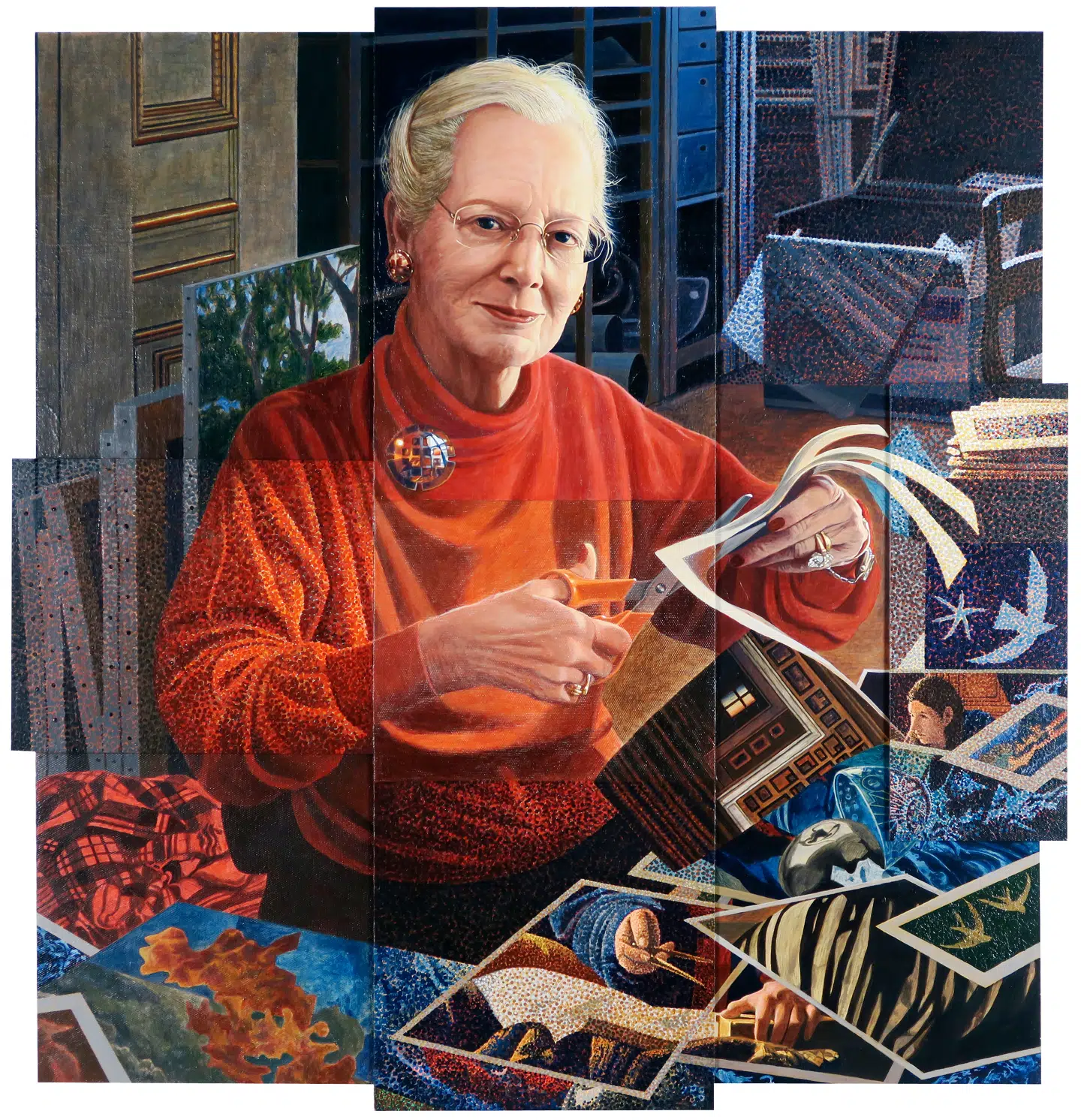 Monarkportrættets historie fortsætter i det digitale 21. åhundrede. Lars Physant, Allegori over skabelse. Decoupage og portrætmaleri, 2015-2016. Foto: Ramón Serrano