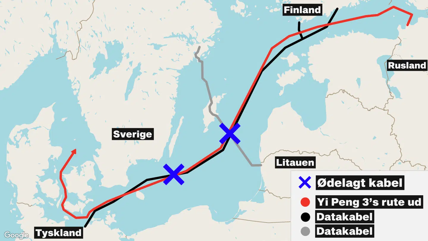 Her ses et overblik over Yi Peng 3's rute og de to ødelagte kabler.
