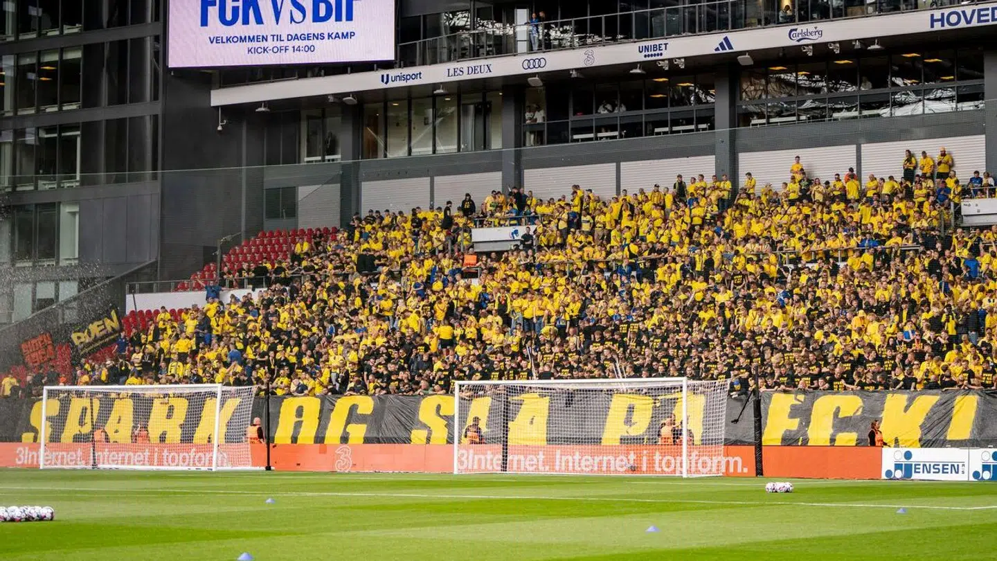 Brøndby IFs fans før 3F Superliga-kampen mellem FC København og Brøndby IF i Parken i København, søndag den 1. september 2024. (Foto: Mads Claus Rasmussen/Ritzau Scanpix)