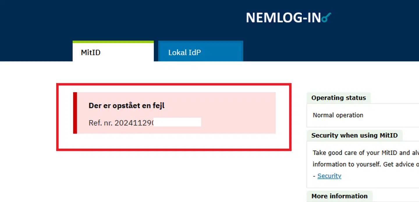 Skærmbillede fra MitID fredag morgen.