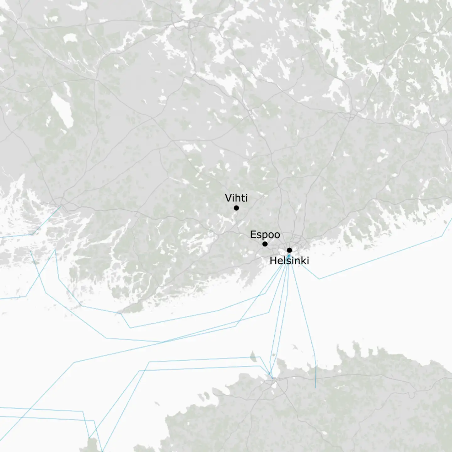 Kortet viser, hvor i Finland de nye kabelbrud fandt sted.