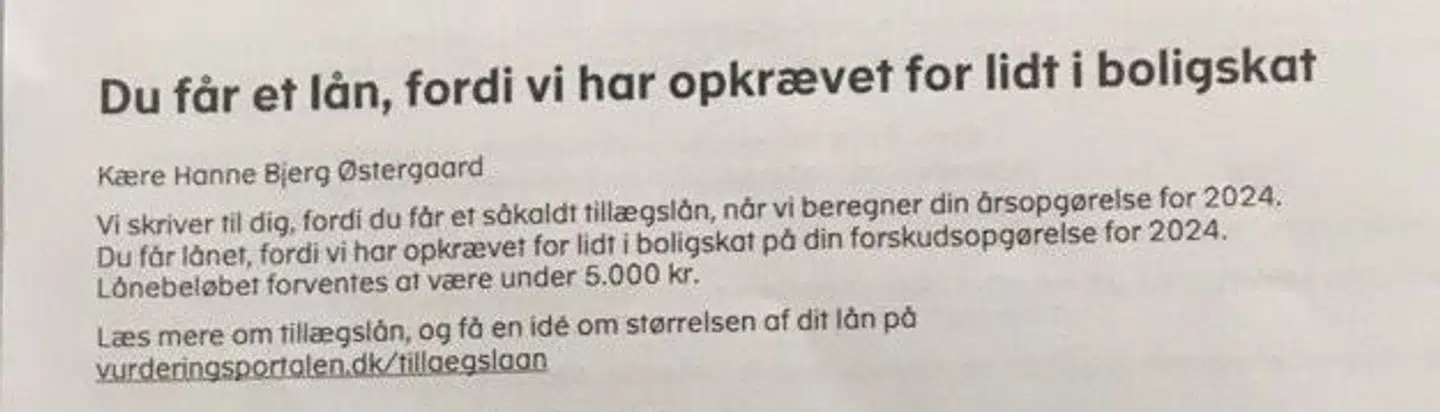 Her ses et udsnit af det brev, som Hanne Bjerg Østergaard har modtaget fra Vurderingsstyrelsen.