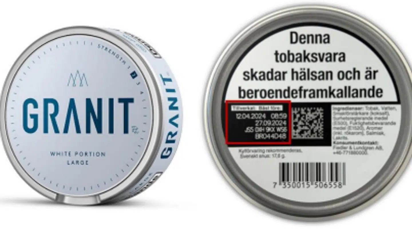 Snusvarianten Granit Original White Portion Large tilbagekaldes grundet for store mængder kræftfremkaldende stoffer, hvilket kan opdages på undersiden af pakken. Foto: British American Tobacco Sweden AB