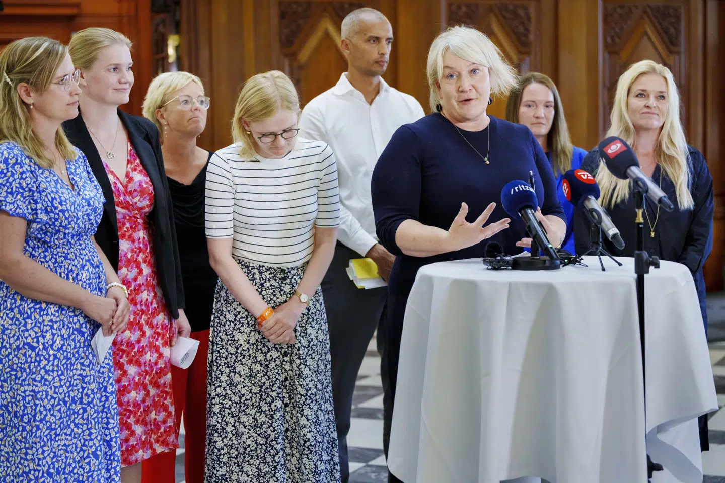 Uddannelses- og forskningsminister Christina Egelund (M) stod forrest, da den politiske aftale om kandidatreformen blev præsenteret på et pressemøde i sommeren 2023. (Arkivfoto).