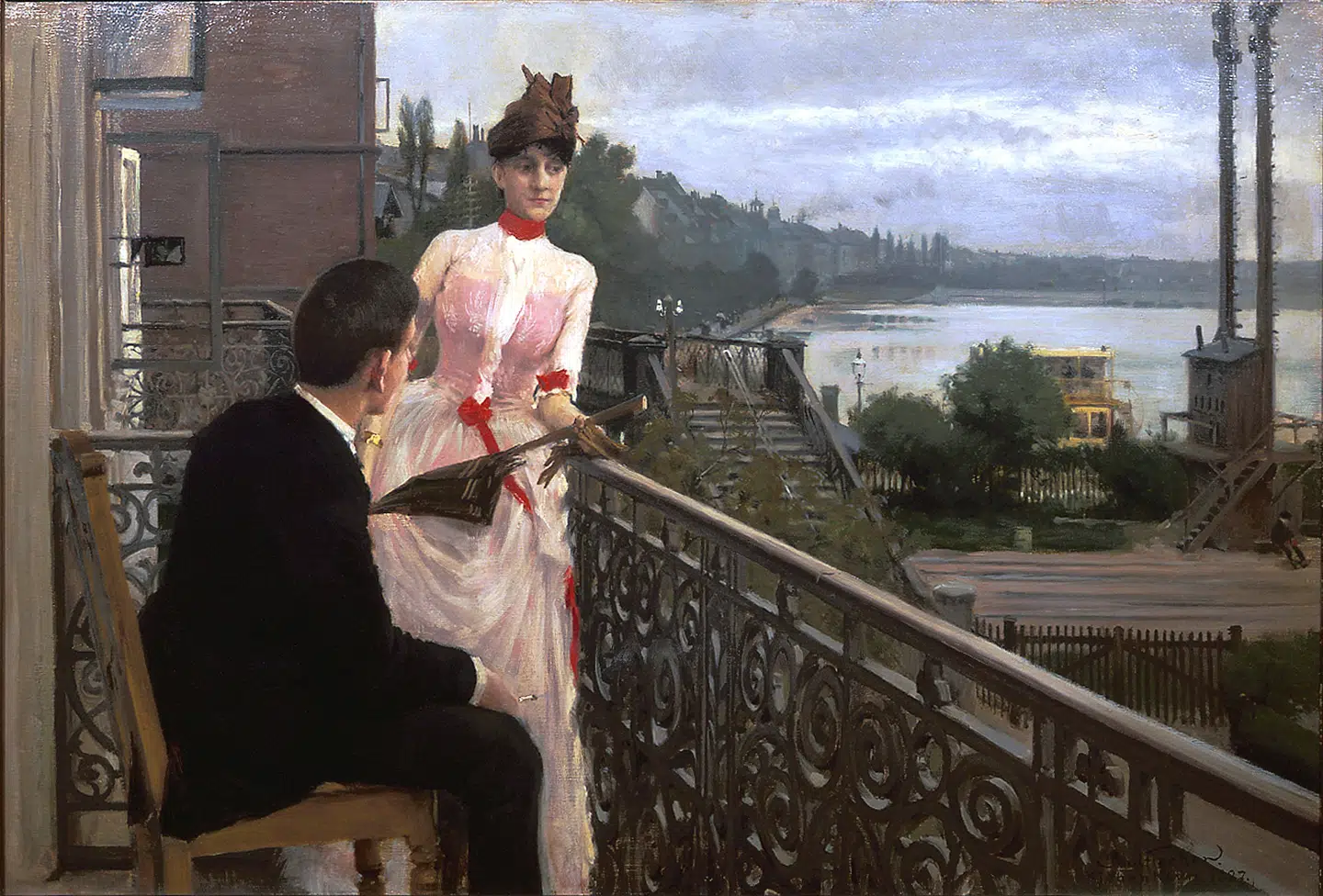 På et maleri som dette ser man tydeligt, at Paul Fischer har studeret malere som Degas og Manet, der brugte tilsvarende beskæringer i deres motiver. Udsigt fra kunstnerens altan over det gamle banegårdsterræn og Peblingesøen, 1887, olie på lærred.