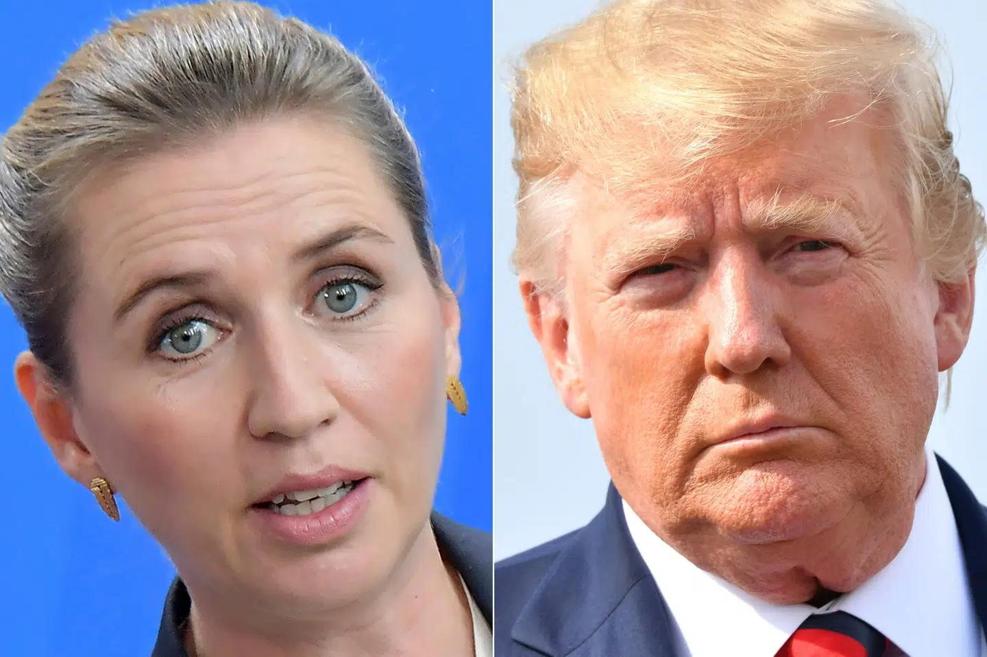 Statsminister Mette Frederiksen (venstre) kaldte Donald Trumps (højre) idé om, at USA kunne købe Grønland, absurd.