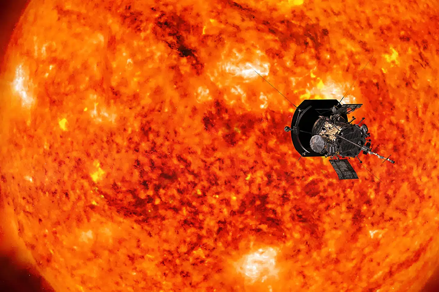 Illustrationen fra Nasa fra 2018 viser en kunstners gengivelse af rumfartøjet "Parker Solar Probe". Juleaftensdag har rumsonden forsøgt at flyve tættere på Solen end nogensinde før.