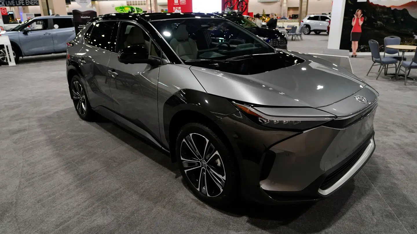 The Toyota bZ4X displayed at the Philadelphia Auto Show, Friday, Jan. 27, 2023, in Philadelphia. (AP Photo/Matt Rourke)