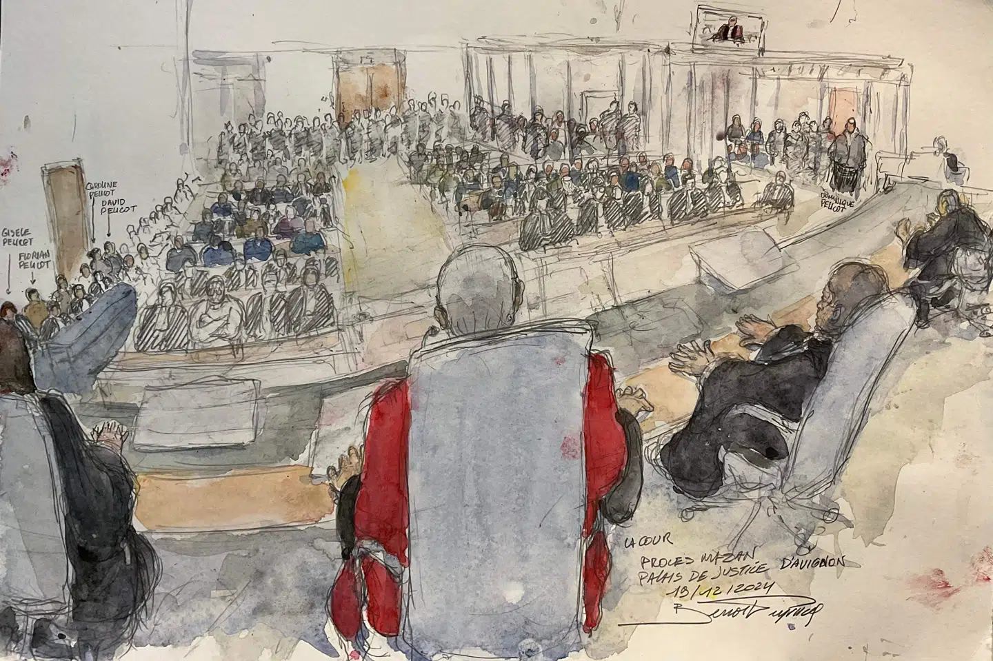 En skitse fra retten fra 19.december, hvor Dominique Pelicot fik sin dom på 20 års fængsel. (Arkivfoto).