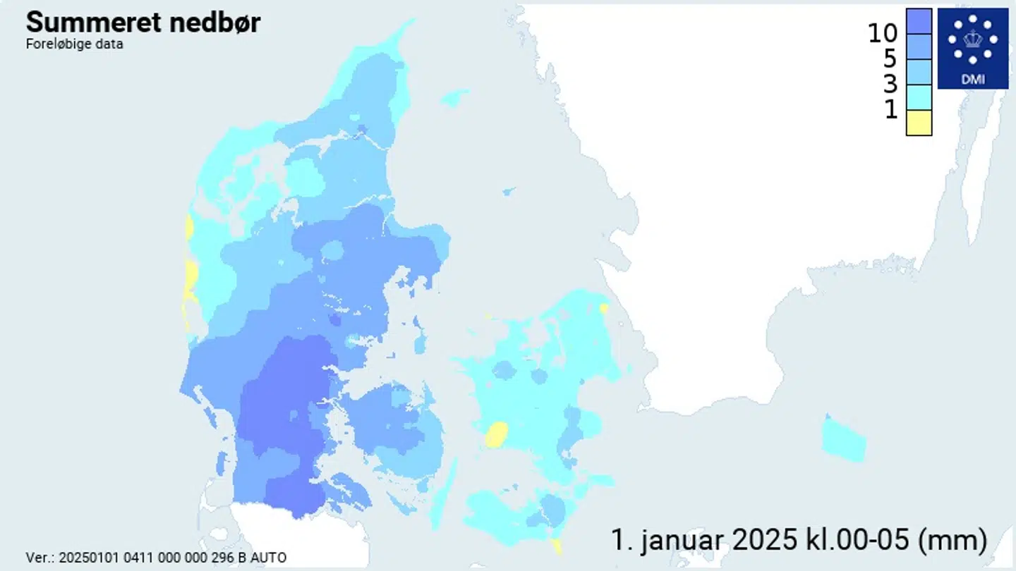 Sådan ser det ud med nedbøren her 1. januar.
