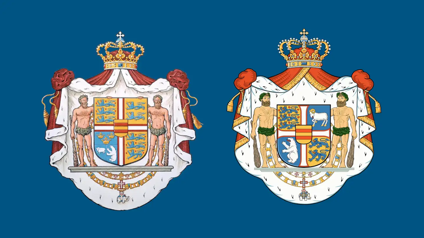 Det forhenværende danske kongevåben fra 1972 (t.v.) og det nye (t.h.). De tre kroner er blevet fjernet, og Grønland og Færøerne har fået hvert sit felt.