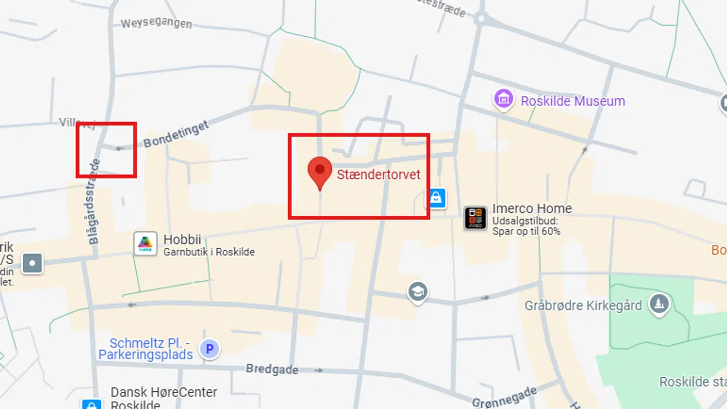 Her ses Stændertorvet og T-krydset ved Blågårdsstræde og Bondetinget i det centrale Roskilde. Der er omkring 500 meter fra, hvor pigens ejendele til, hvor hun blev fundet.
