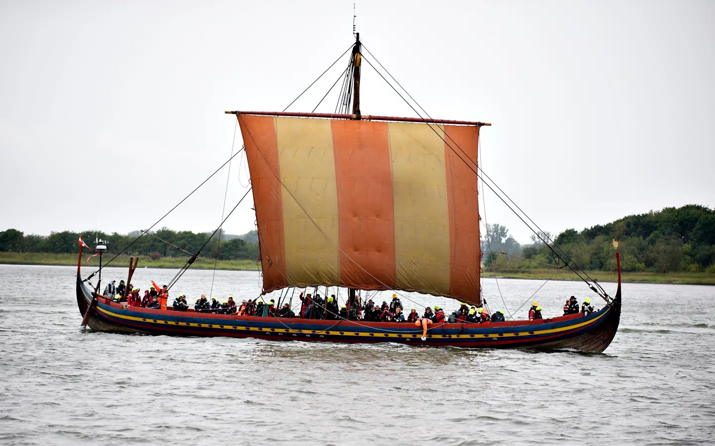 Søens folk kan med fordel vende tilbage til mere klimavenlige, men tidskrævende sejlteknikker, mener arkæolog ved Vikingeskibsmuseet Morten Ravn. Her ses verdens største rekonstruerede vikingeskib, Havhingsten, sejle over Limfjorden ved Aalborg på sin vej til Roskilde. Foto: Henning Bagger, Scanpix