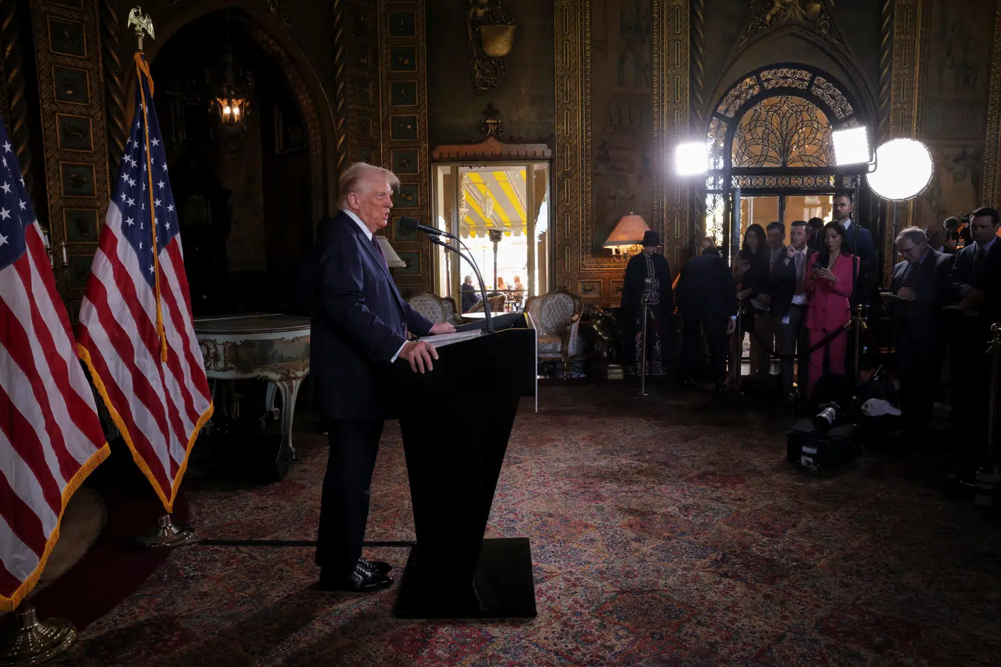 Donald Trump ved pressemødet i Mar-a-Lago. Foto: Carlos Barria, Scanpix