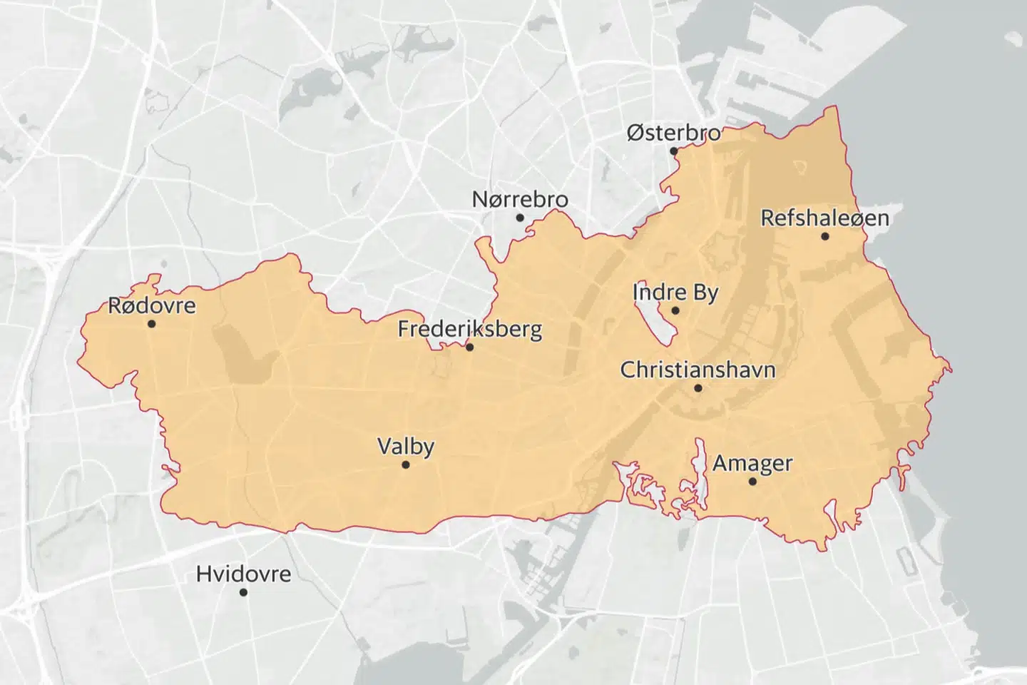 Grafikken viser omfanget af Palisades-branden, hvis det var i København.
