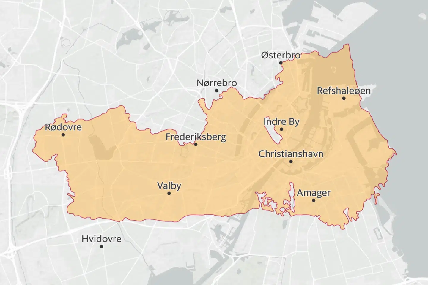 Grafikken viser omfanget af Palisades-branden, hvis det var i København.
