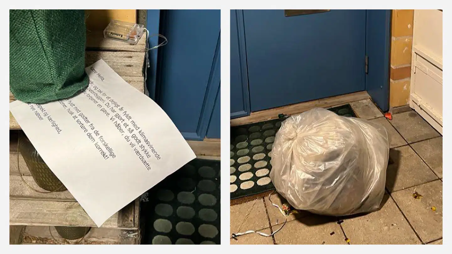 Her ses et billede af brevet til venstre og skraldeposen til højre.