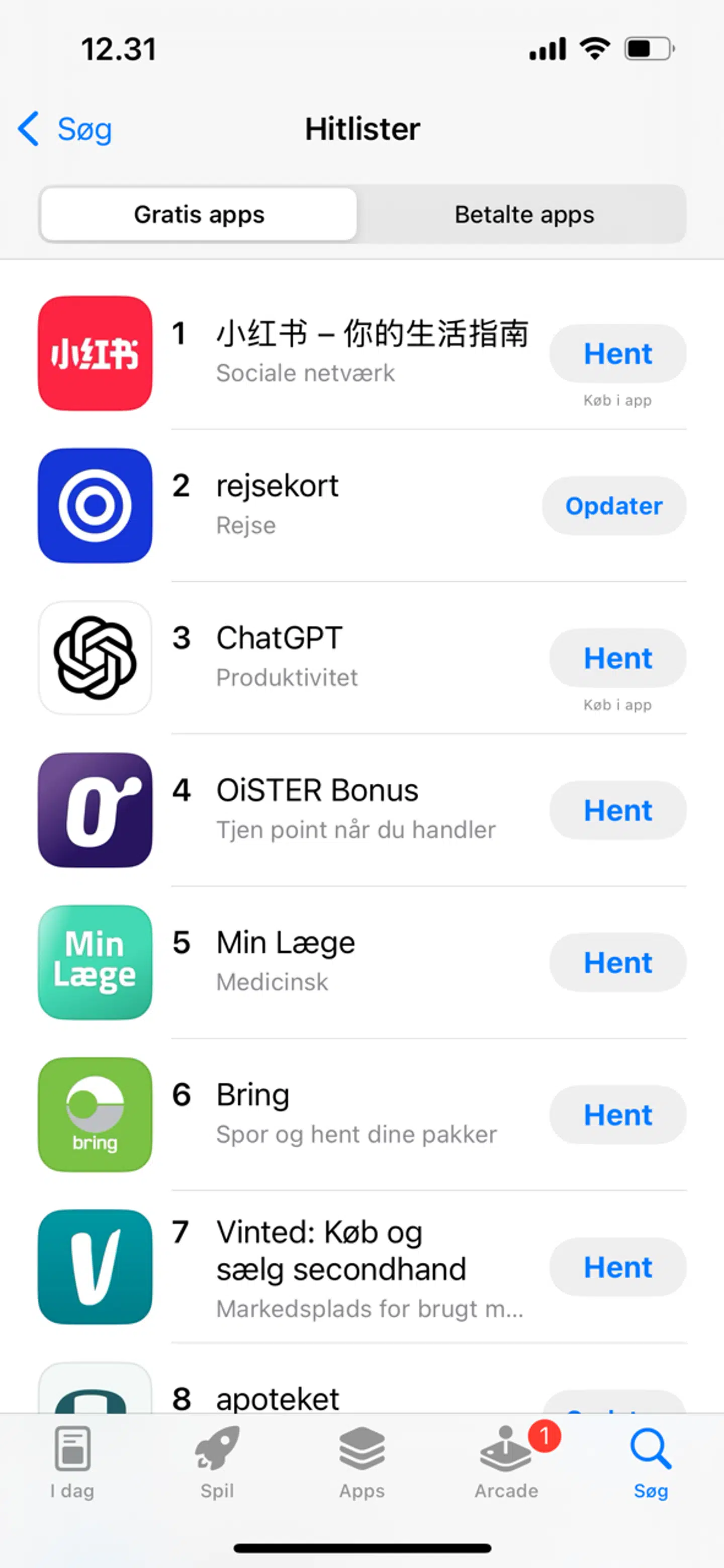 Listen over de mest downloadede apps i App Store i Danmark.