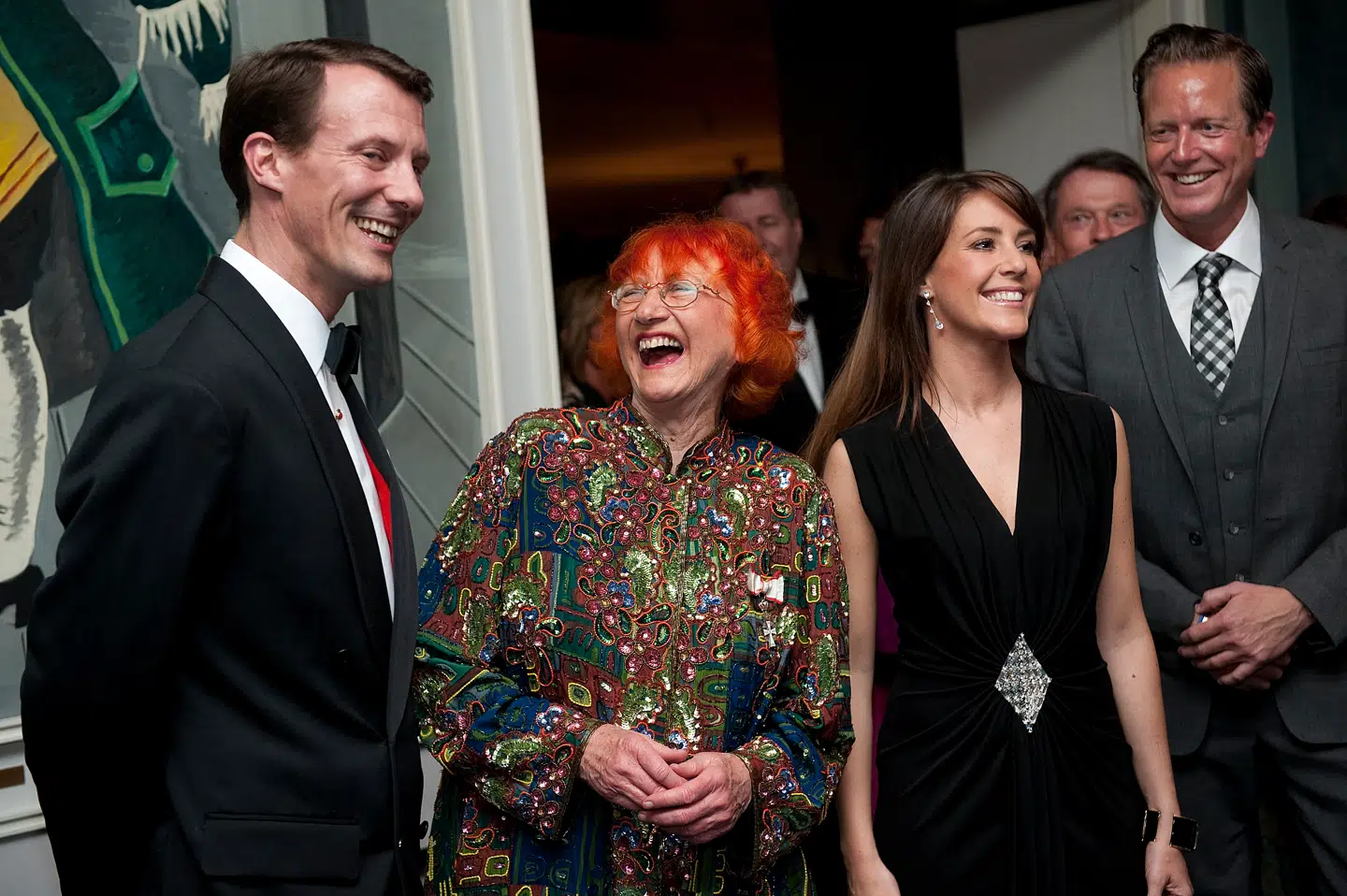 Jytte Abildstrøm var en hædret skuespiller og teaterleder. Hun var mor til sønnerne Lars og Peter Mygind. Her ses hun og Peter med prins Joachim og prinsesse Marie til Årets Reumert i 2010.