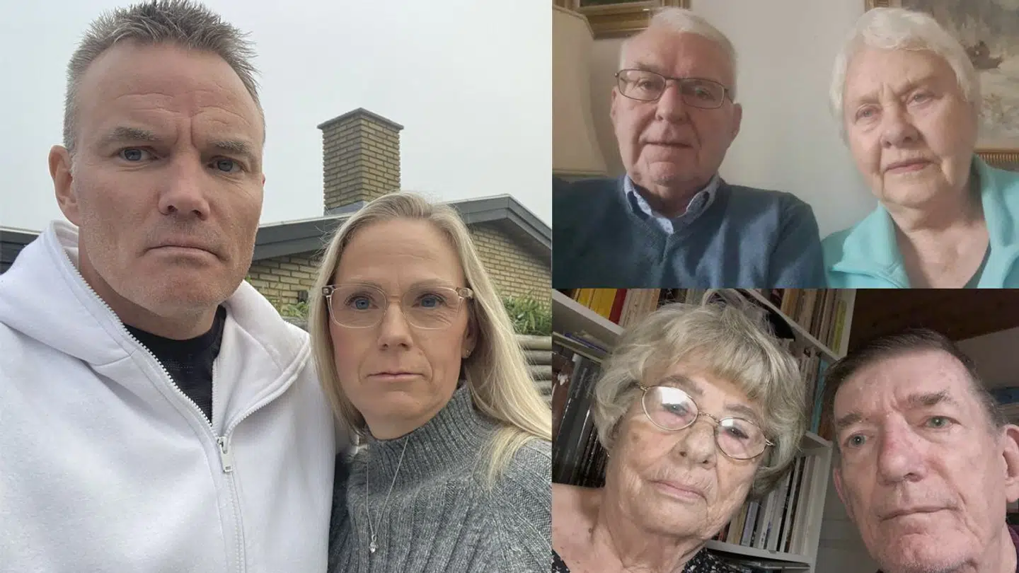 Fra venstre side af billedet ses kæresteparret Thomas Christensen og Stine Bøg, ægteparrene Svend og Jette Rasmussen samt Ole og Lise Garder. Alle har været ramt at kaos hos Sweetdeal.