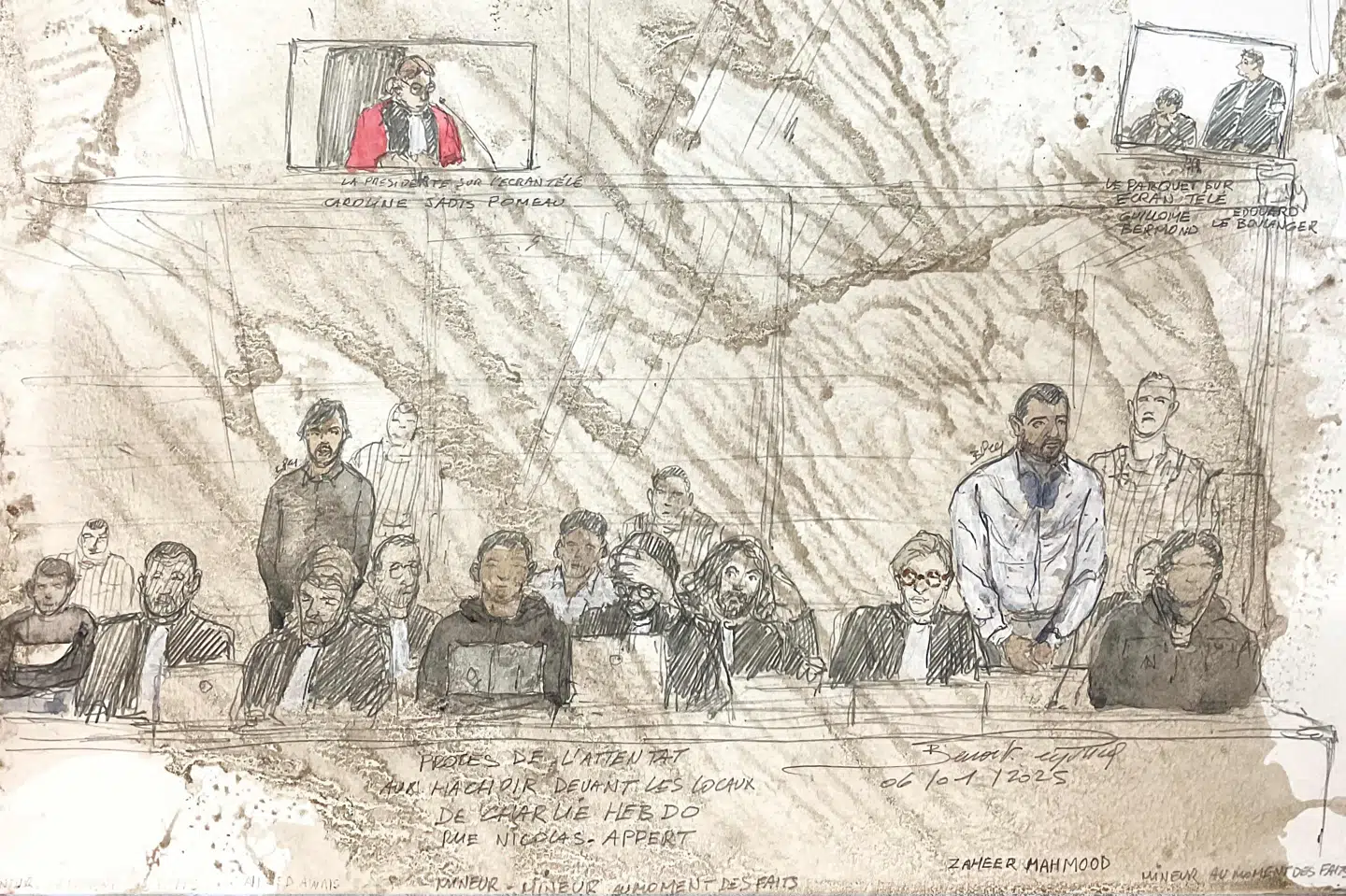 En tegning fra et retsmøde tidligere på måneden viser den 29-årige gerningsmand stå oprejst i retten som nummer to fra højre. Fem andre har ligeledes fået fængselsstraffe for at have hjulpet eller opmuntret ham.