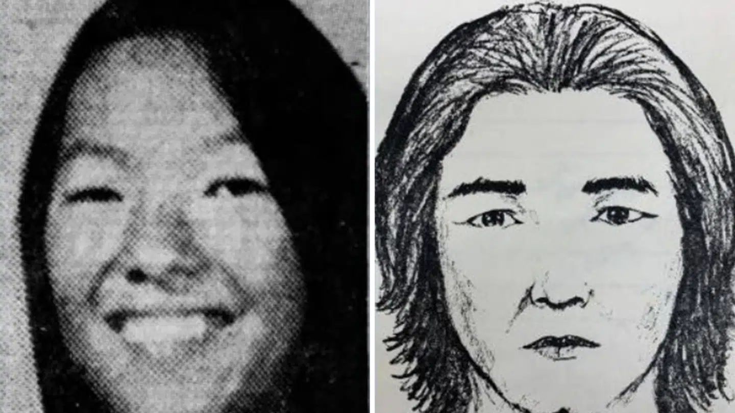 Dawn Momohara (tv.), der blev myrdet i 1977 og en politiskitse af den mistænkte (th.)