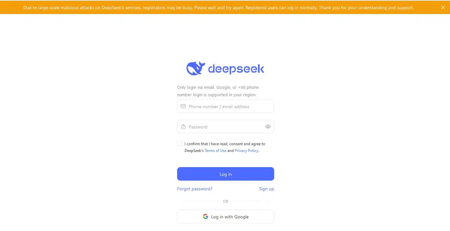 DeepSeek har efter et døgn stadig problemer med systemerne efter et hackerangreb, så nye brugere kan ikke altid oprette adgang.