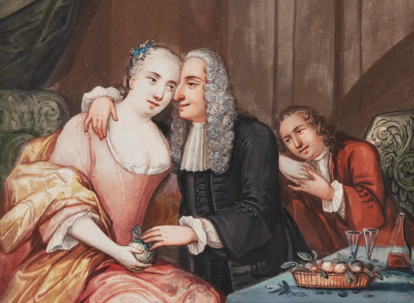 Maleri: Konversationsstykke; En ældre herre i sort klædning med allongeparyk lægger armen kærligt om en ung piges hals, Danker, 1675–1775