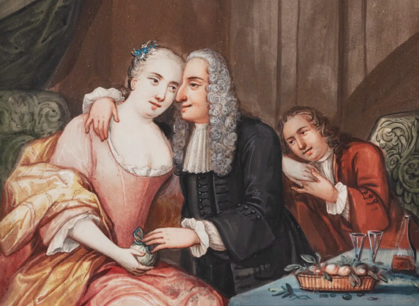 Maleri: Konversationsstykke; En ældre herre i sort klædning med allongeparyk lægger armen kærligt om en ung piges hals, Danker, 1675–1775