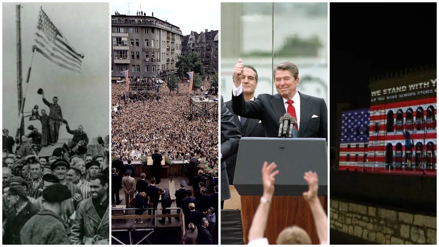 Billederne udtrykker visionen bag den amerikanske kamp for frihed: Den »godartede supermagt« befriede Dachau i 1945; præsident Kennedy erklærede sig for en berliner i 1963; i 1987 krævede præsident Reagan Berlin-muren revet ned i; og i 2020 – under pandemien – erklærede Sarajevo på sit rådhus sin solidaritet med USA. »I stod med os i mørke tider,« erklærede lokalpolitikerne, »nu står vi med jer«.