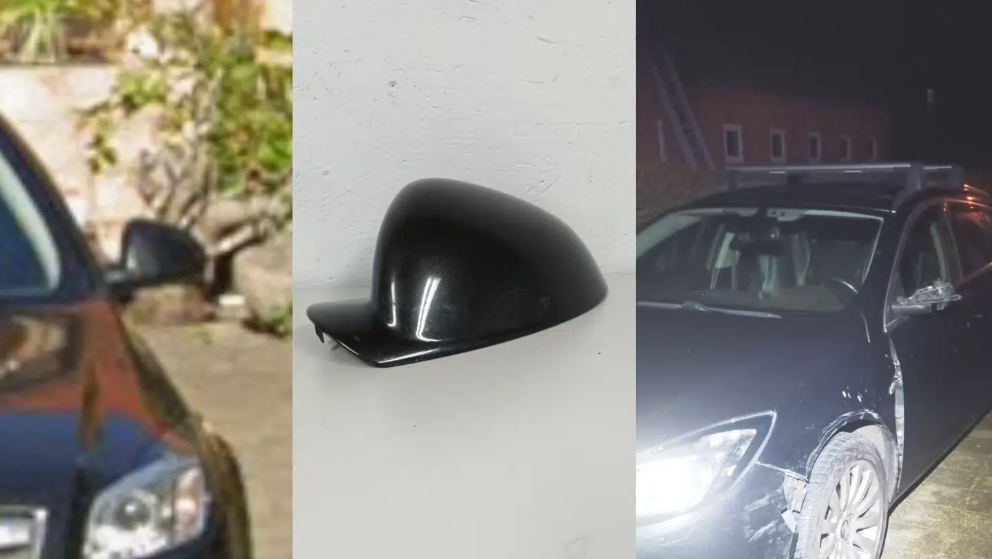 Til venstre ses den formodede gerningsmands bil før sammenstødet, i midten det afrevne sidespejl fundet på ulykkesstedet, og længst til højre den smadrede bil.