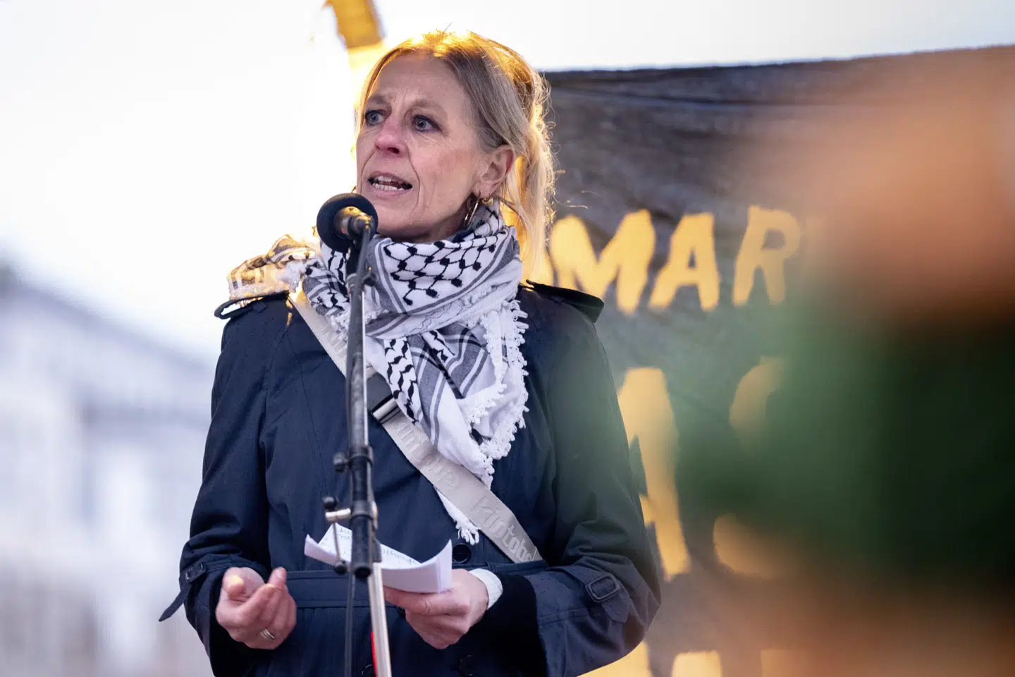 Enhedslistens Trine Pertou Mach holder tale, da foreningen Demos protesterer i København mod amerikansk tilstedeværelse i Danmark søndag den 26. januar 2025. Foto: Ida Marie Odgaard, Scanpix