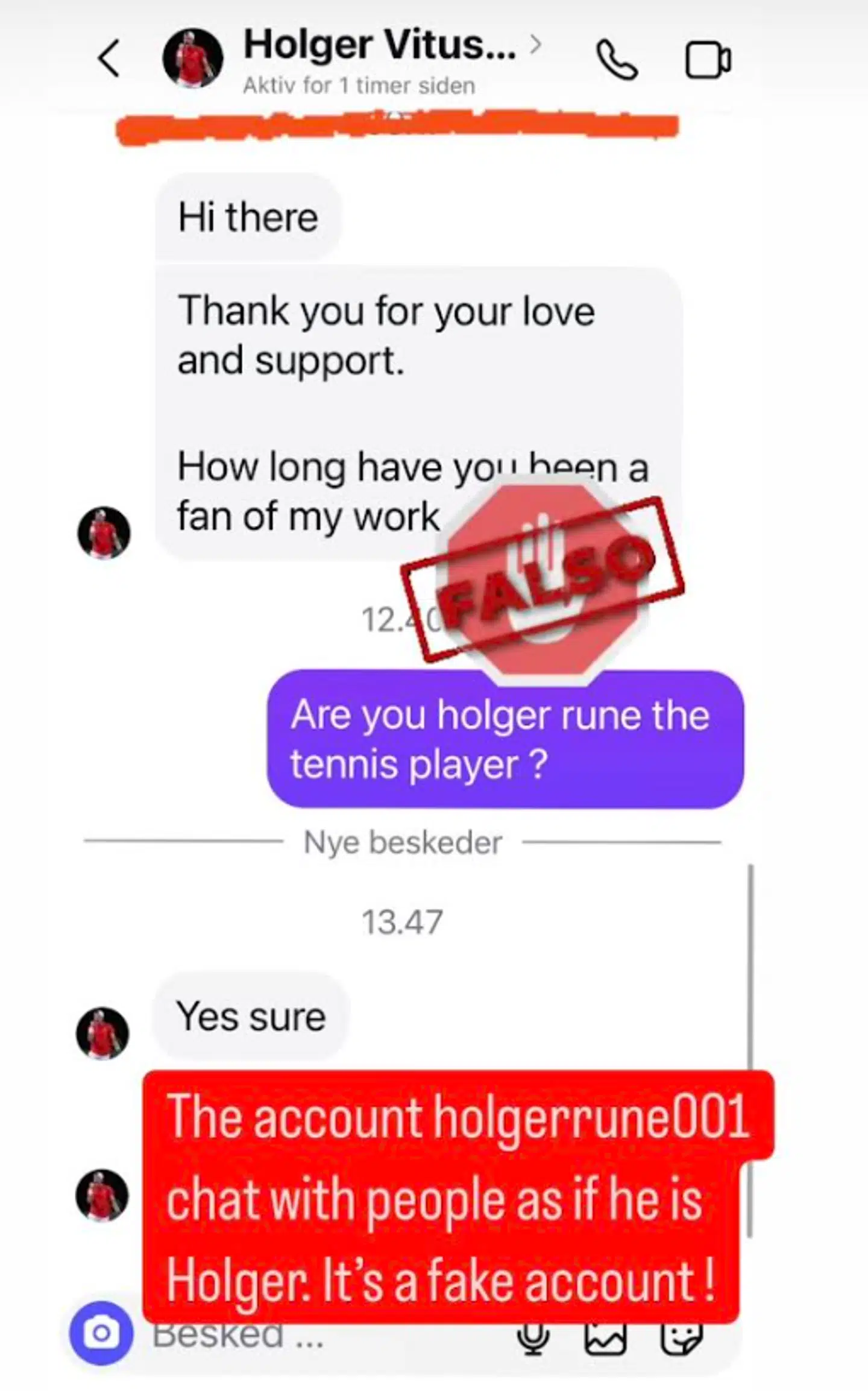 Én af de mange falske profiler, der forsøger at snyde Holger Runes fans.