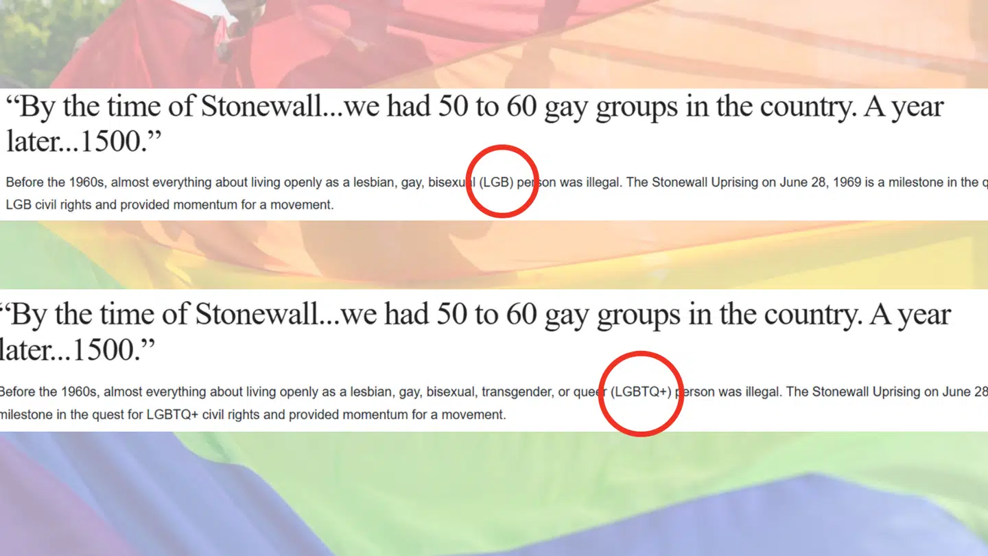 Den statslige hjemmeside National Park Service, som beskriver Stonewall National Monument, nævner ikke længere transkønnede (T) og queer (Q) personer.